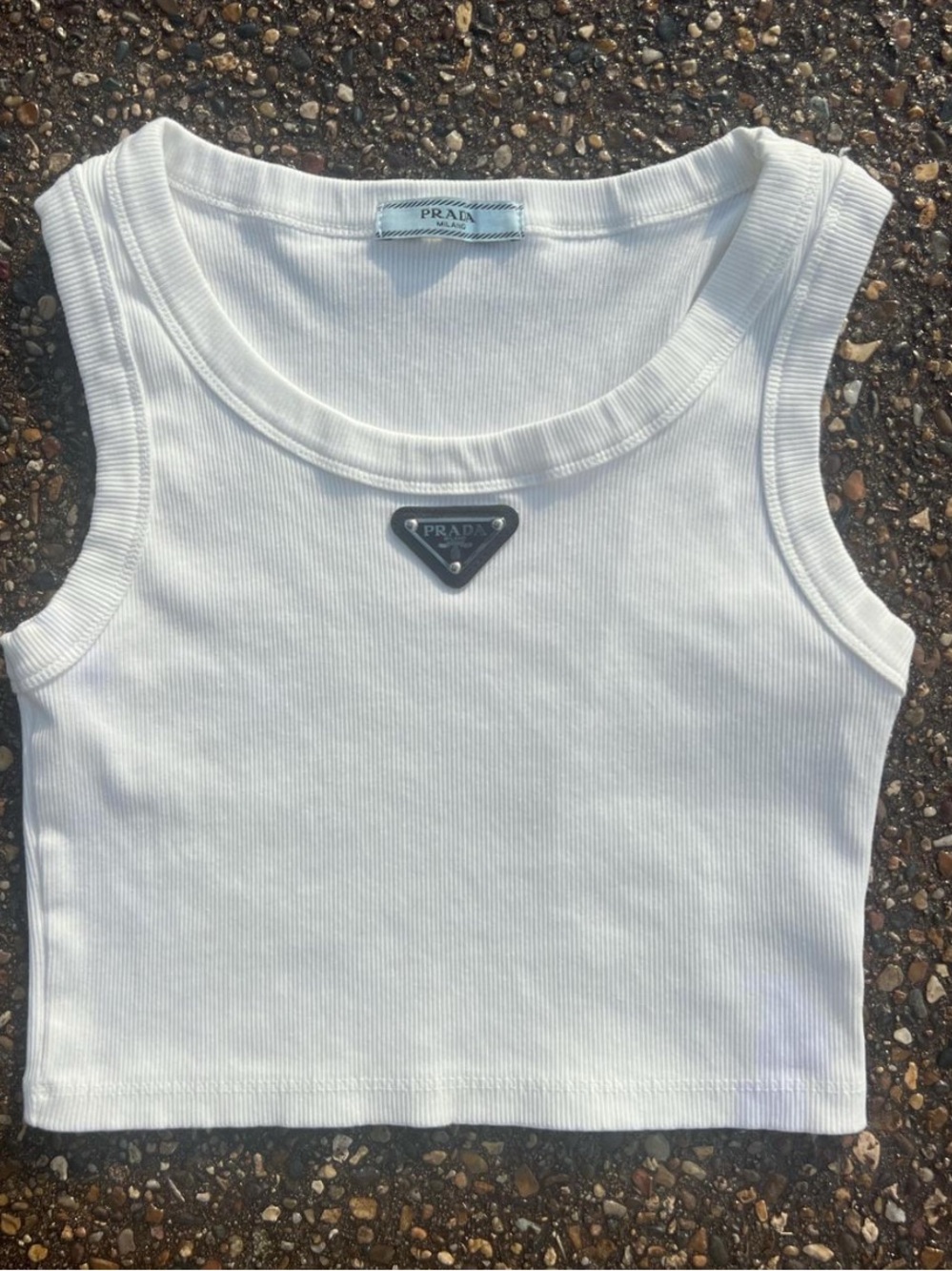 Prada White Ribbed Crop Tank with Triangle Logo
